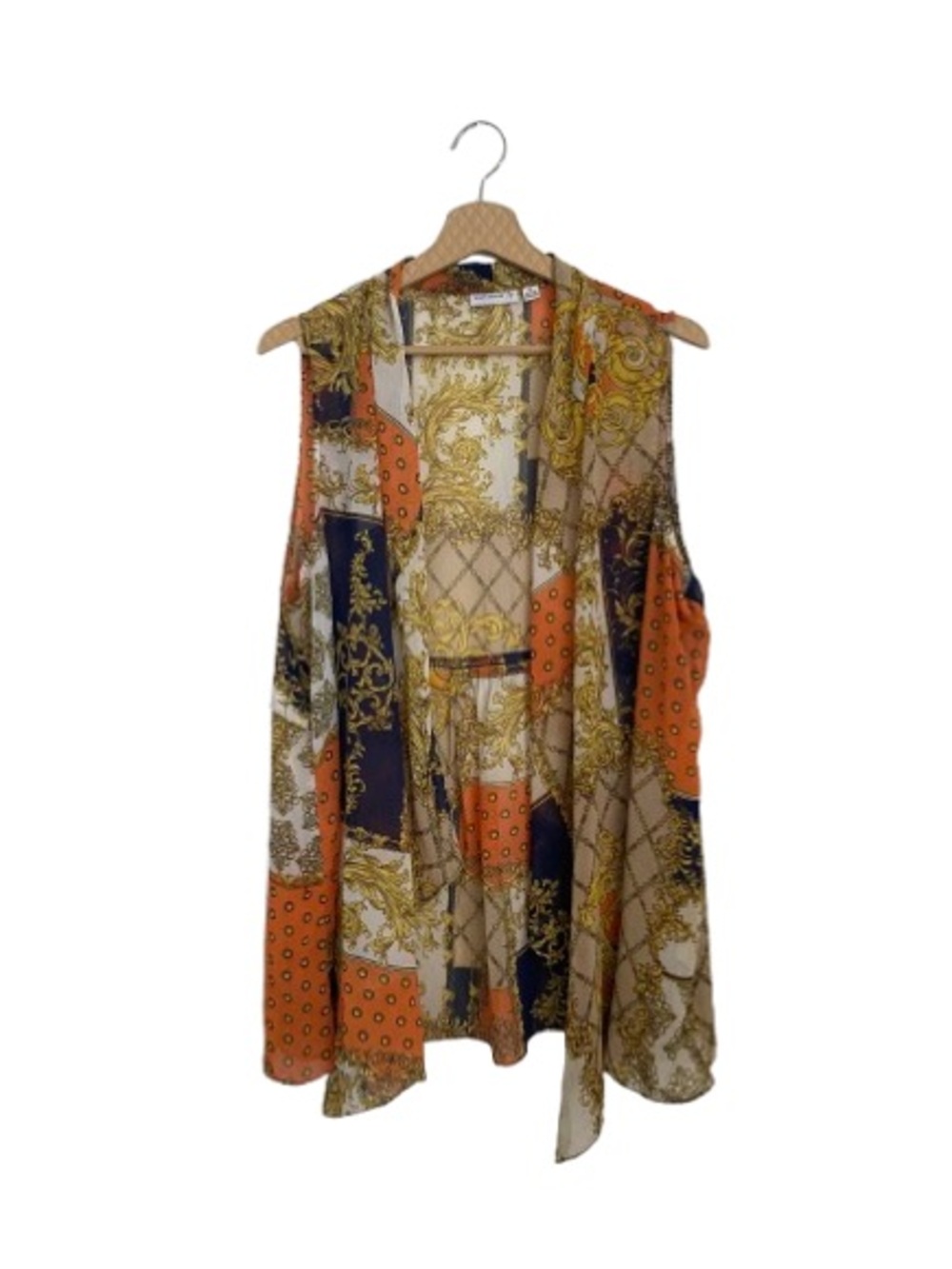 Susan Graver Baroque-Print Sleeveless Duster in Orange, Navy, Cream Sz XL